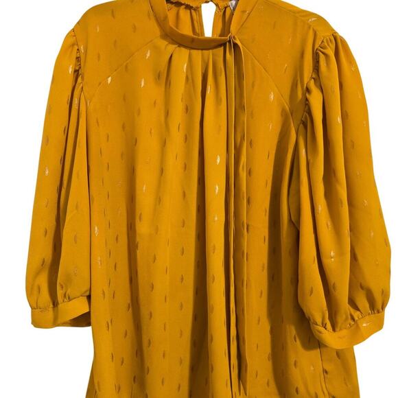 Shannon Ford Petite Metallic Dot Tunic Blouse Mustard Yellow 3/4 Sleeve Sz PL - Picture 2 of 7